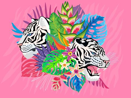 White tiger head roar wild cat in colorful jungle. Rainforest tropical leaves background drawing. Pink background. Tiger stripes hand drawn vector character art illustrationのイラスト素材