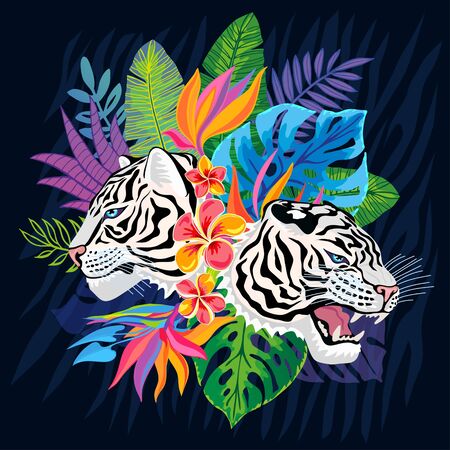 White tiger head roar wild cat in colorful jungle. Rainforest tropical leaves background drawing. Tiger stripes hand drawn vector character art illustrationのイラスト素材