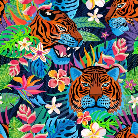 Seamless pattern. Red tiger head roar wild cat in colorful jungle. Rainforest tropical leaves background drawing. Fashion textile, fabric. Tiger stripes hand drawn vector character art illustrationのイラスト素材