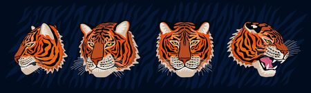 Red tiger head roar wild cat in colorful jungle. Tiger stripes background drawing. Hand drawn vector character art illustrationのイラスト素材