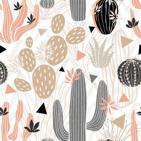 Cactuses succulents wild seamless pattern flowers colorful watercolor bright collections. Cacti beautiful trendy fashion fabric pattern. Hand drawn vector illustration.のイラスト素材