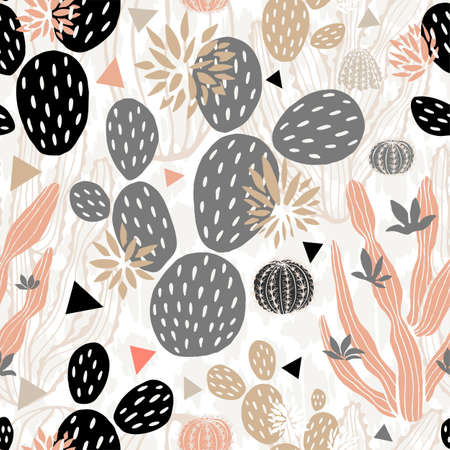 Cactuses succulents wild seamless pattern flowers colorful watercolor bright collections. Cacti beautiful trendy fashion fabric pattern. Hand drawn vector illustration.のイラスト素材
