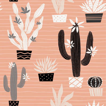 Cactuses succulents wild seamless pattern flowers colorful watercolor bright collections. Cacti beautiful trendy fashion fabric pattern. Hand drawn vector illustration.のイラスト素材