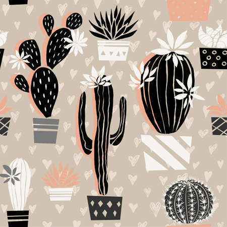 Cactuses succulents wild seamless pattern flowers colorful watercolor bright collections. Cacti beautiful trendy fashion fabric pattern. Hand drawn vector illustration.のイラスト素材