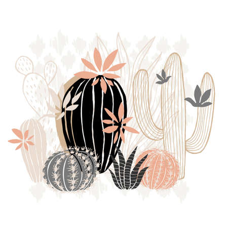 Cactus succulent wild rose flowers tender pink brown pastel color watercolor. Wild beautiful cacti succulents collection. Hand drawn vector illustrationのイラスト素材