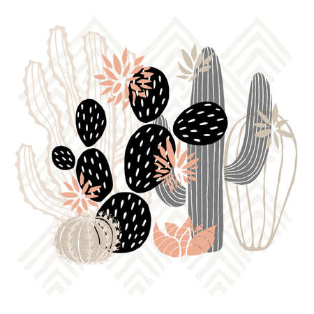 Cactus succulent wild rose flowers tender pink brown pastel color watercolor. Wild beautiful cacti succulents collection. Hand drawn vector illustrationのイラスト素材