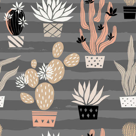 Cactuses succulents wild seamless pattern flowers colorful watercolor bright collections. Cacti beautiful trendy fashion fabric pattern. Hand drawn vector illustration.のイラスト素材