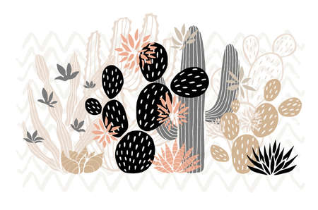 Cactus succulent wild rose flowers tender pink brown pastel color watercolor. Wild beautiful cacti succulents collection. Hand drawn vector illustrationのイラスト素材