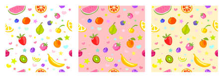 Seamless pattern cute fruits, stars, hearts. Child style, strawberry, raspberry, watermelon, lemon on white, pastel yellow, pink background. Simple clipart elements. Hand drawn vector illustrationのイラスト素材