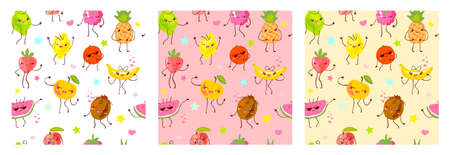 Seamless pattern cute fruit characters. Child style, strawberry, raspberry, watermelon, lemon, banana pastel color background. Kawaii emoji, characters, smile hand drawn vector illustrationのイラスト素材