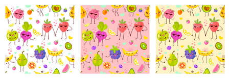 Seamless pattern cute fruit characters. Child style, strawberry, raspberry, watermelon, lemon, banana pastel color background. Kawaii emoji, characters, smile hand drawn vector illustrationのイラスト素材