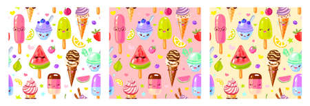 Seamless pattern cute fruit ice cream characters. Child style, strawberry, raspberry, watermelon, lemon, banana pastel color background. Kawaii emoji, characters, smile hand drawn vector illustrationのイラスト素材