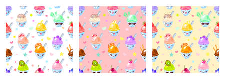Seamless pattern cute fruit ice cream sorbet characters. Child style, strawberry, raspberry, watermelon, lemon, banana pastel color background. Kawaii emoji, characters, smile vector illustrationのイラスト素材