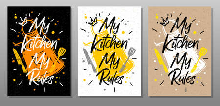 My kitchen, My rules, quote food poster. Cooking, culinary, kitchen, print, utensils, apron, fork, knife, master chef Lettering calligraphy poster chalk chalkboard sketch style Vector illustrationのイラスト素材