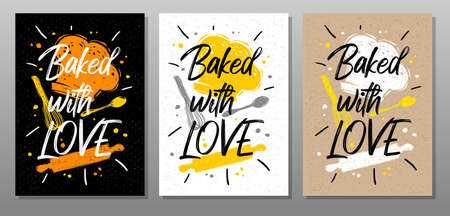 Baked with Love, quote food poster. Cooking, culinary, kitchen, print, utensils, apron, fork, knife, master chef. Lettering calligraphy poster chalk chalkboard sketch style Vector illustrationのイラスト素材
