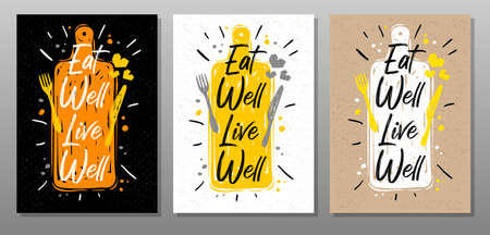 Eat well live well, quote food poster. Cooking, culinary, kitchen, print, utensils, pot, heart, master chef. Lettering, calligraphy poster chalk chalkboard sketch style Vector illustrationのイラスト素材