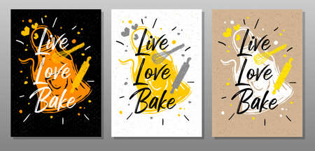 Live, Love, Bake quote food poster. Cooking, culinary, kitchen, print, utensils, apron, master chef. Lettering calligraphy poster chalk chalkboard sketch style Vector illustrationのイラスト素材