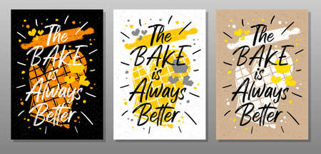 Bake always better quote food poster. Cooking, culinary, kitchen, print, utensils, apron, master chef. Lettering, calligraphy poster, chalk chalkboard sketch style Vector illustrationのイラスト素材