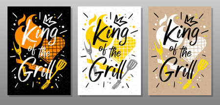 King grill, quote food poster. Cooking, culinary, kitchen, bbq, barbecue, axe, fork, knife, master chef Lettering calligraphy poster chalk chalkboard sketch style Vector illustrationのイラスト素材
