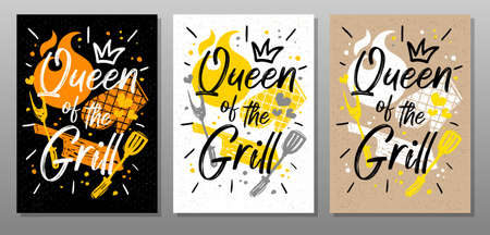Queen grill, quote food poster. Cooking, culinary, kitchen, bbq, barbecue, axe, fork, knife, master chef Lettering calligraphy poster chalk chalkboard sketch style Vector illustrationのイラスト素材