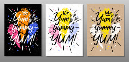 Yum, yummy, quote food poster. Summer, ice cream, sweet, waffle cone, dessert. Lettering, calligraphy poster chalkboard sign sketch style Vector illustrationのイラスト素材