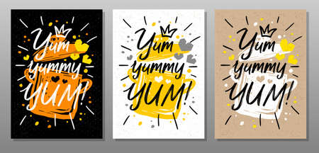 Yum, yummy, phrase, quote food poster. Cooking, culinary, kitchen, pot, love, hearts splash Lettering calligraphy poster chalk chalkboard sketch style Vector illustrationのイラスト素材