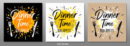 Dinner time Bon Appetit, enjoy your meal, quote, phrase, food poster, splash, fork, knife. Lettering, sketch doodle style, sign For menu, cafe, restaurant lunch breakfast dinner Vector illustrationのイラスト素材