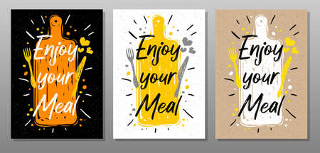 Enjoy your meal, quote phrase food poster. Cooking, culinary, kitchen, print, utensils, cutting board, heart, master chef. Lettering, calligraphy poster chalk chalkboard sketch style Vector illustrationのイラスト素材