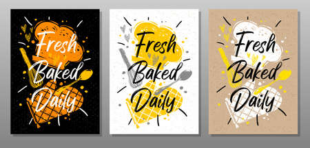 Fresh baked daily quote phrase food poster. Cooking, culinary, kitchen, print, utensils, cutting board, heart, master chef hat. Lettering, calligraphy poster, chalk, chalkboard sketch style Vector illustrationのイラスト素材