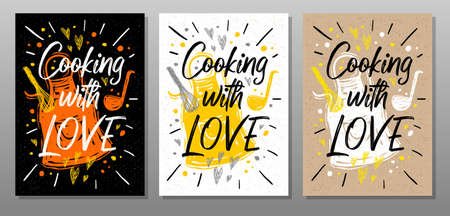 Cooking with love, quote phrase food poster. Cooking, culinary, kitchen, print, utensils, cutting board, heart, master chef. Lettering, calligraphy poster chalk chalkboard sketch Vector illustrationのイラスト素材