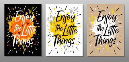 Enjoy the Little Things, quote phrase text poster. Motivation, incentive, splash, love, hearts, drops, rays. Lettering, calligraphy poster chalk chalkboard sketch Vector illustrationのイラスト素材