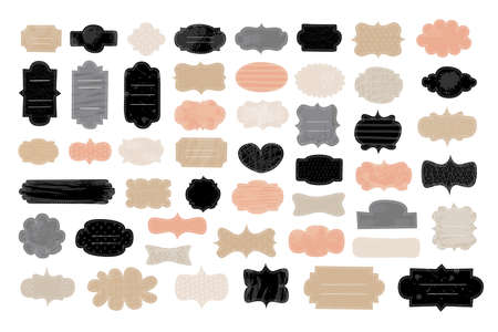 Tags frames shapes label set. Beautiful tender pastel color craft collections. Brush stroke paint elements, strips, curves, waves, hearts, drops textured background. Hand drawn vectorの写真素材