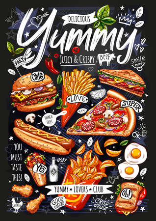 Food poster, ad, fast food, set, menu, burger, pizza slice, sandwich, roll, chicken, fries, hot dog grilled eggs snack Yummy cartoon style isolated Hand drew vectorのイラスト素材
