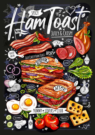 Food poster, ad, fast food, set, menu, toast, sandwich, ham, pork, bacon, grilled eggs lettuce snack Yummy cartoon style isolated Hand drew vectorのイラスト素材