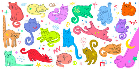 Colorful funny cat poses collectionのイラスト素材