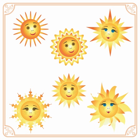 Six different colorful smiling sun inside the frameのイラスト素材