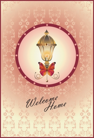 Welcome home background with garden lantern and butterfly on floral elementsのイラスト素材