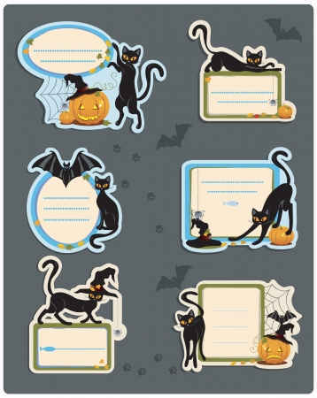 Six different Halloween labels with black catsのイラスト素材