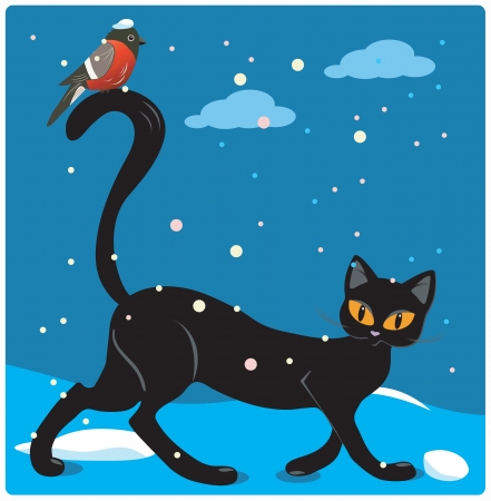 Cat walking on snow with a bird on the tailのイラスト素材