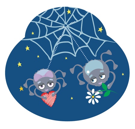 Funny spiders at night with chamomile and heartのイラスト素材