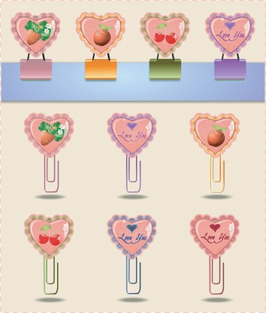 Collection of staples and paper clips with hearts and fruitのイラスト素材