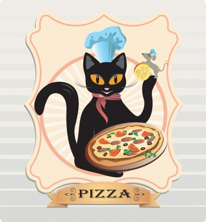 Vector illustration of a cat with a pizza and a mouseのイラスト素材