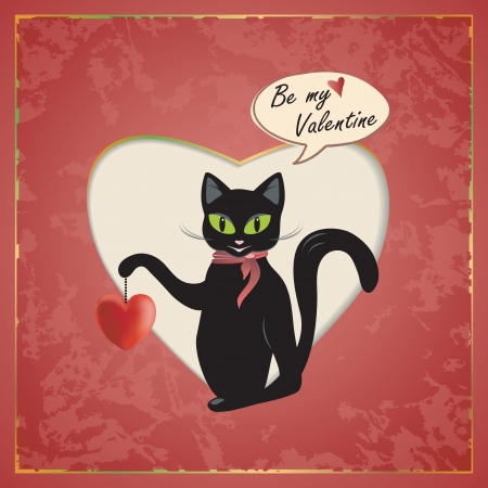 Vector Valentine's Day greeting card with cat and heartのイラスト素材