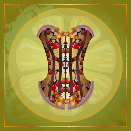 Vector illustration of women's fashion corset with fruits and ribbonのイラスト素材