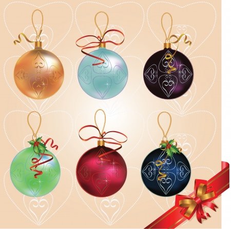 Vector Christmas holidays different colors balls with decorative ornaments and ribbonsのイラスト素材