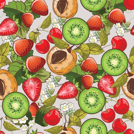 Vector seamless pattern background with summer fruits and blossom flowersのイラスト素材