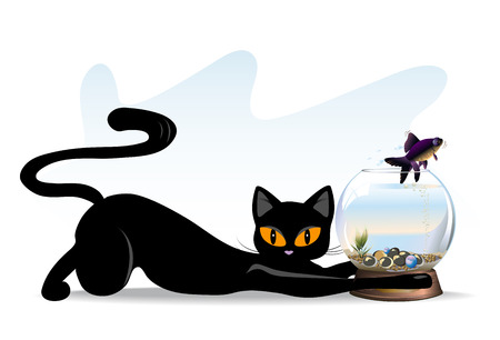 Vector illustration of cartoon black cat and fish jumping out of aquariumのイラスト素材