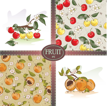Vector set of seamless pattern background with cherries and apricotsのイラスト素材