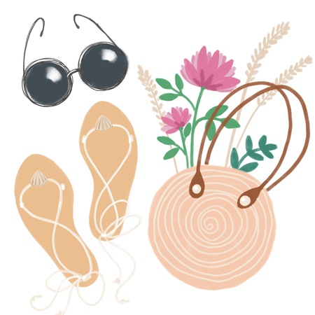 Beach accessories. Glasses, shoes and Bag on whiteの写真素材