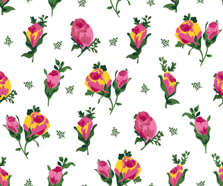 Beautiful vector illustration of pink and yellow roses. Seamless flower pattern on white background.のイラスト素材